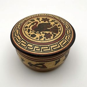 Hand painted, red ware, trinket dish, bird/flowers/deer, gold/black/red